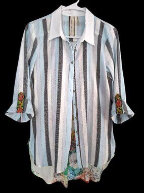 Aratta Button Up Striped Shirt S Mixed Media Embroidered Floral Back Statement